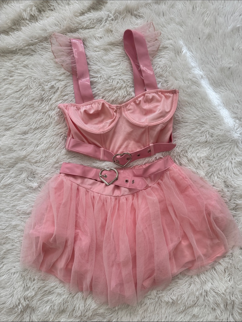 Sugar Thrillz Pink praise me bustier cami & Tulle skirt SET with Heart Buckles